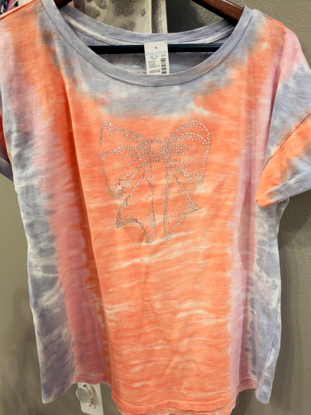 Rhinestone Crystal Bow on Tie-Dye soft Tee. Light pink, orange, purple.